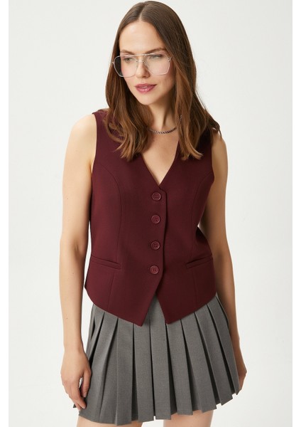 Kadın Style Bordo Astarlı Dokuma Yelek