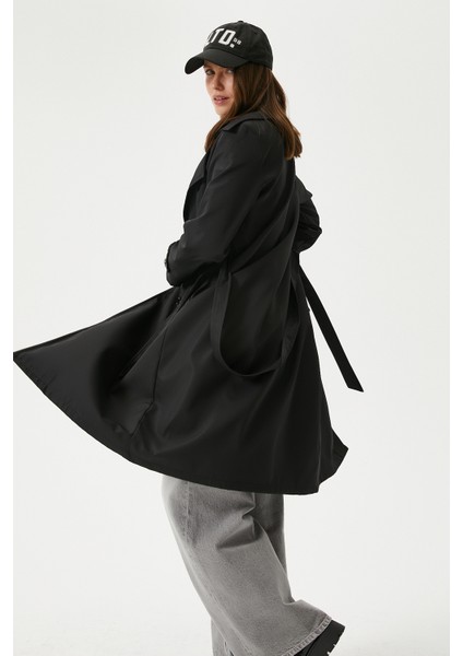 Kadın Style Astarlı Kapaklı Siyah Trençkot