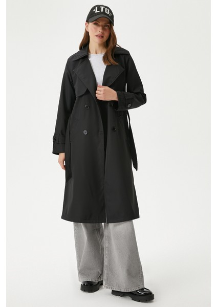 Kadın Style Astarlı Kapaklı Siyah Trençkot