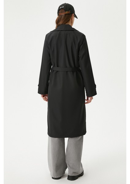 Kadın Style Astarlı Kapaklı Siyah Trençkot