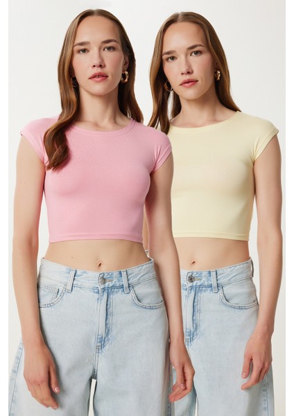 2’li Paket Basic Crop Örme Bluz LZV0017 Pembe Sarı