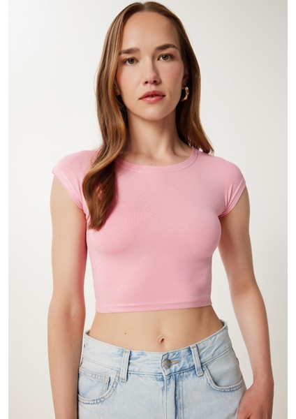 2’li Paket Basic Crop Örme Bluz LZV0017 Pembe Sarı modelleri