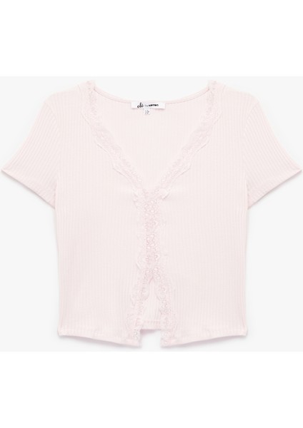 Slim Fit Kısa Kollu Dantelli Pamuklu V Yaka Tişört