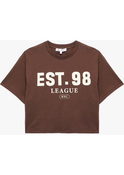 Kısa Kollu Bisiklet Yaka Baskılı Oversize Tişört