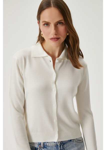 Kadın Thin Polo Yaka Ince Krem Hırka