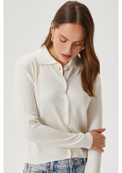 Kadın Thin Polo Yaka Ince Krem Hırka modelleri