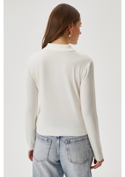 Kadın Thin Polo Yaka Ince Krem Hırka