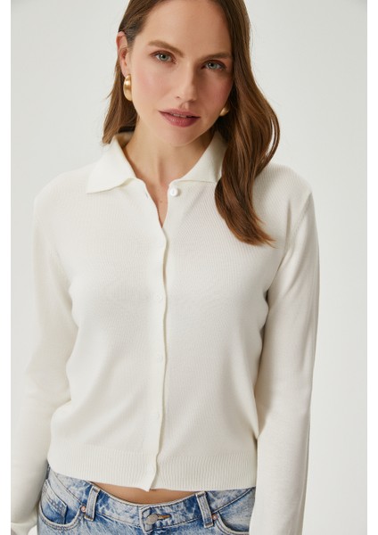 Kadın Thin Polo Yaka Ince Krem Hırka