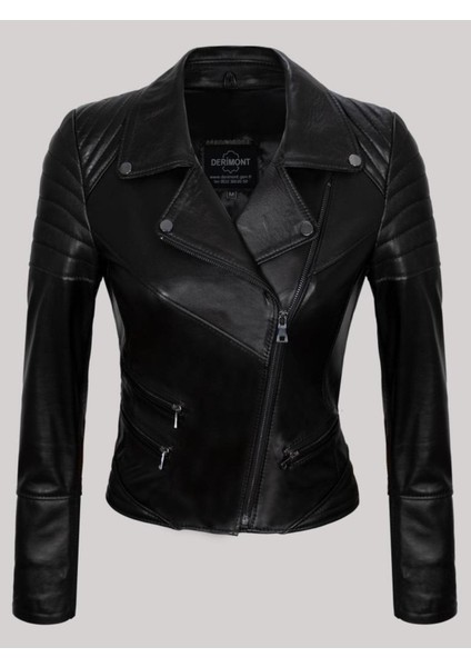 Hakiki Kuzu Derisi Siyah Omuz ve Koldan Çizgi Desenli Simetrik Üç Cepli Kadın Deri Mont