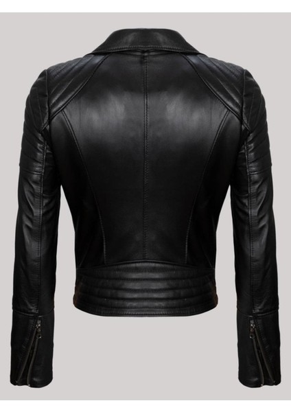 Hakiki Kuzu Derisi Siyah Omuz ve Koldan Çizgi Desenli Simetrik Üç Cepli Kadın Deri Mont fiyatları