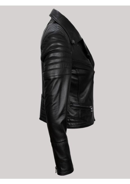 Hakiki Kuzu Derisi Siyah Omuz ve Koldan Çizgi Desenli Simetrik Üç Cepli Kadın Deri Mont modelleri