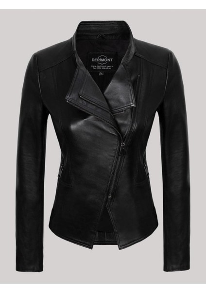 Hakiki Kuzu Derisi Siyah V Çift Fermuarlı Yandan Cepli Kadın Deri Mont