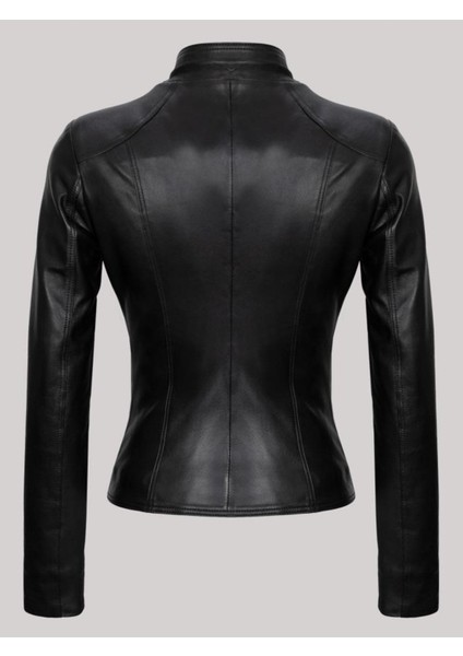 Hakiki Kuzu Derisi Siyah V Çift Fermuarlı Yandan Cepli Kadın Deri Mont fiyatları