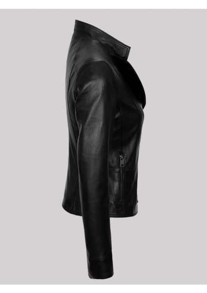 Hakiki Kuzu Derisi Siyah V Çift Fermuarlı Yandan Cepli Kadın Deri Mont modelleri