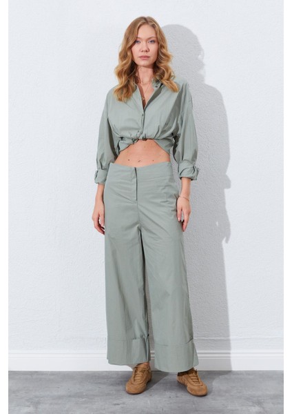 Kadın Çağla Geniş Double Boru Paça Pantolon