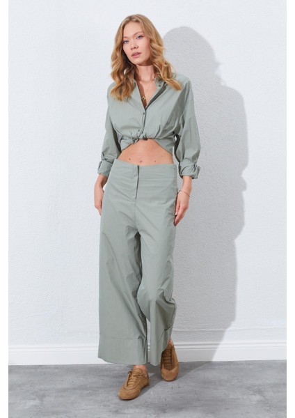 Kadın Çağla Geniş Double Boru Paça Pantolon fiyatları