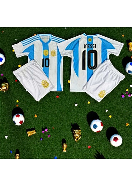 Arjantin Milli Takım Messi Çocuk Beyaz Şortlu T-Shirt Halı Saha Forması