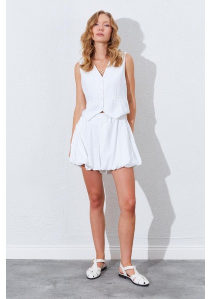 Kadın Ekru Beli Lastikli Stoplu Bolon Şort Etek