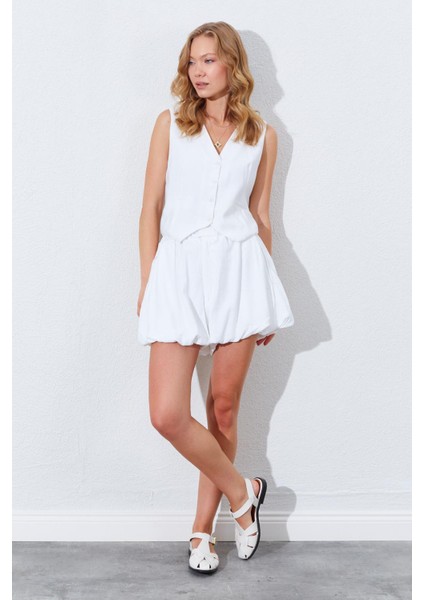 Kadın Ekru Beli Lastikli Stoplu Bolon Şort Etek modelleri