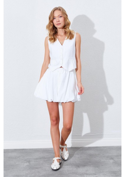 Kadın Ekru Beli Lastikli Stoplu Bolon Şort Etek fırsatları