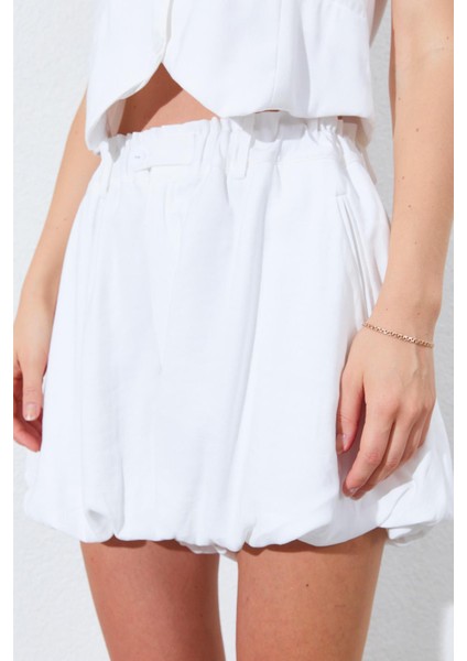 Kadın Ekru Beli Lastikli Stoplu Bolon Şort Etek indirimleri