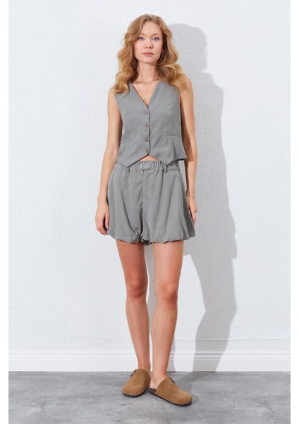 Kadın Haki Beli Lastikli Stoplu Bolon Şort Etek