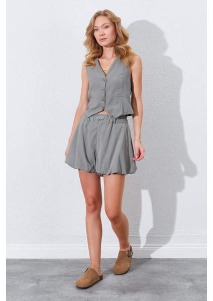 Kadın Haki Beli Lastikli Stoplu Bolon Şort Etek fiyatları