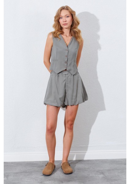 Kadın Haki Beli Lastikli Stoplu Bolon Şort Etek modelleri