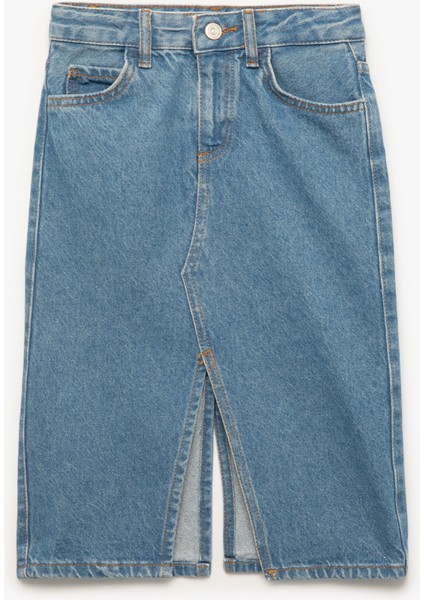 Pamuklu Cep Detaylı Yırtmaçlı Midi Denim Etek