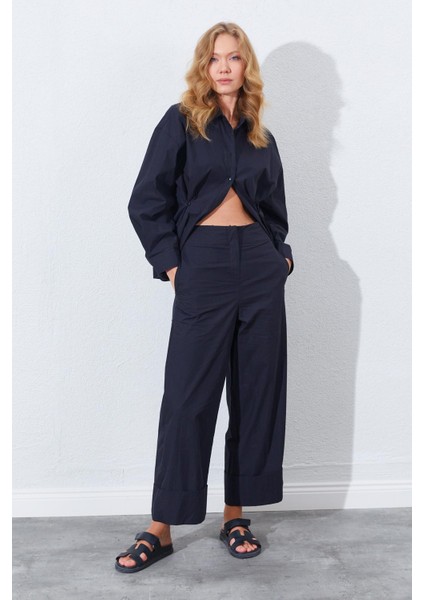 Kadın Siyah Geniş Double Boru Paça Pantolon