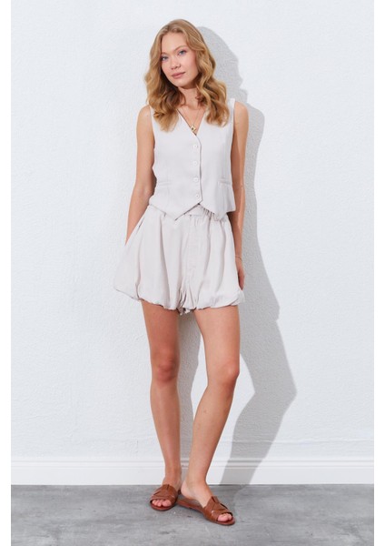 Kadın Açık Bej Beli Lastikli Stoplu Bolon Şort Etek