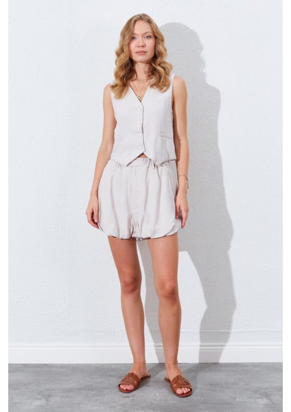 Kadın Açık Bej Beli Lastikli Stoplu Bolon Şort Etek fiyatları