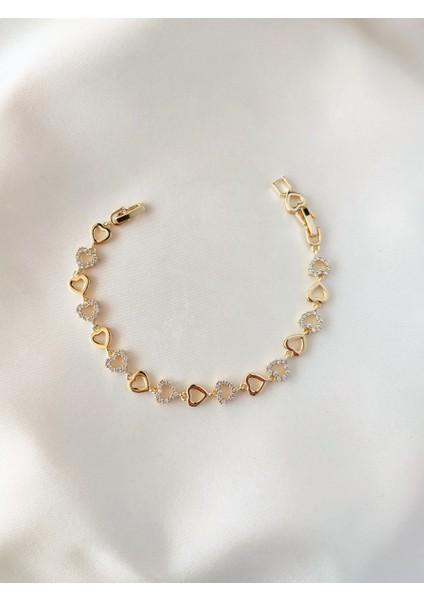 14 Ayar Altın Kaplama Zirkon Taşlı Sıralı Kalp Model Bileklik