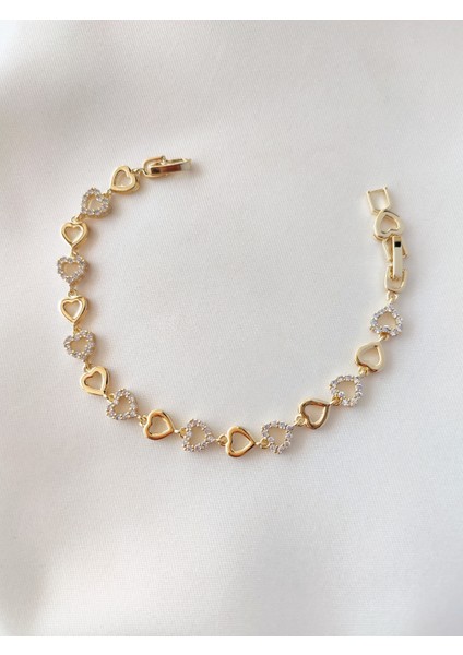 14 Ayar Altın Kaplama Zirkon Taşlı Sıralı Kalp Model Bileklik fiyatları