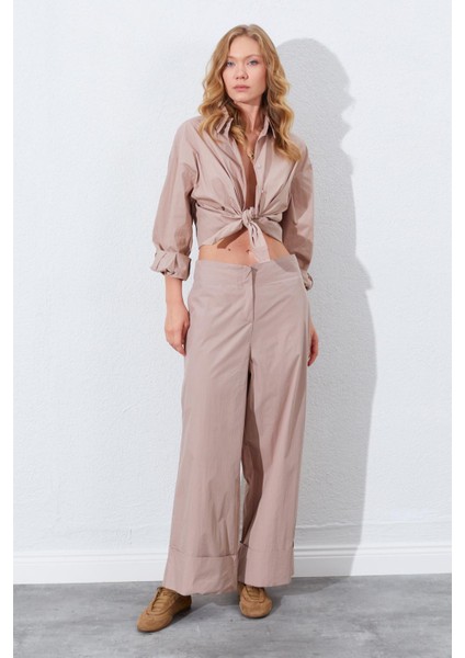 Kadın Vizon Geniş Double Boru Paça Pantolon