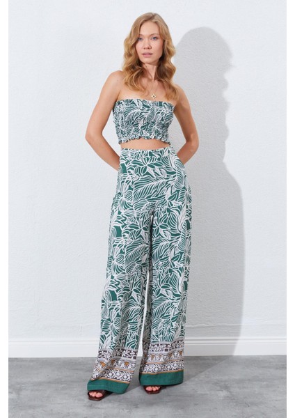 Kadın Haki Croplu-Palozzo Pantolonlu Desenli Takım