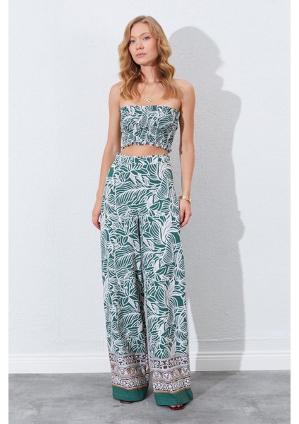 Kadın Haki Croplu-Palozzo Pantolonlu Desenli Takım modelleri