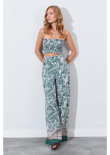 Kadın Haki Croplu-Palozzo Pantolonlu Desenli Takım fırsatları