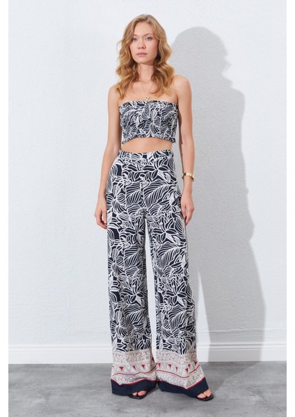 Kadın Siyah Croplu-Palozzo Pantolonlu Desenli Takım fiyatları
