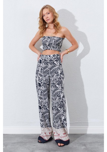 Kadın Siyah Croplu-Palozzo Pantolonlu Desenli Takım modelleri