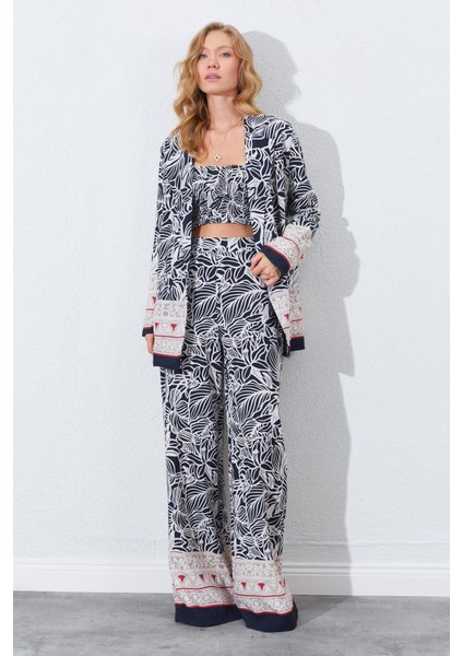 Kadın Siyah Croplu-Palozzo Pantolonlu Desenli Takım fırsatları