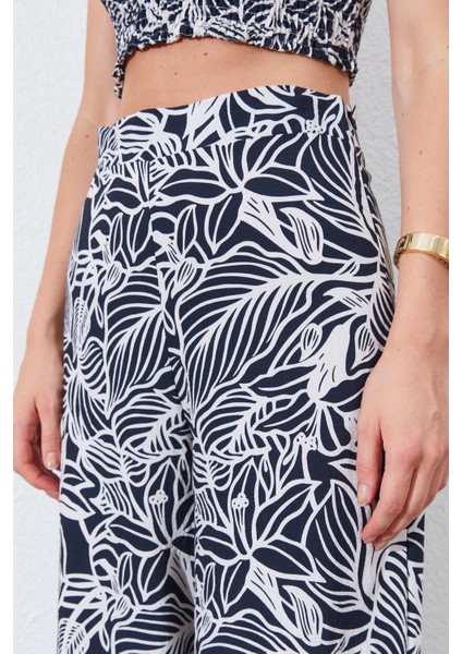 Kadın Siyah Croplu-Palozzo Pantolonlu Desenli Takım indirimleri