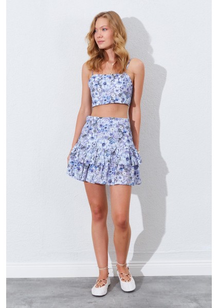 Kadın Lila Çiçek Desenli Croplu-Etekli Takım modelleri