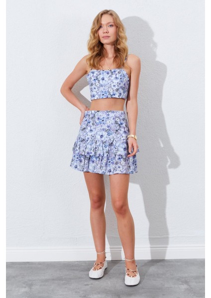 Kadın Lila Çiçek Desenli Croplu-Etekli Takım indirimleri