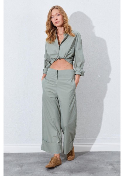 Kadın Çağla Geniş Double Boru Paça Pantolon modelleri