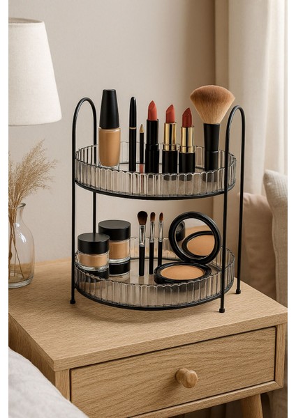2 Katlı Makyaj ve Kozmetik Organizer – Metal Gövdeli & Cam Desenli Raf