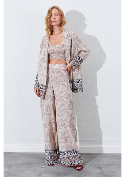 Kadın Vizon Croplu-Palozzo Pantolonlu Desenli Takım