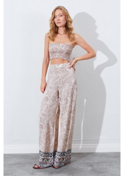 Kadın Vizon Croplu-Palozzo Pantolonlu Desenli Takım modelleri