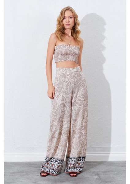 Kadın Vizon Croplu-Palozzo Pantolonlu Desenli Takım fırsatları