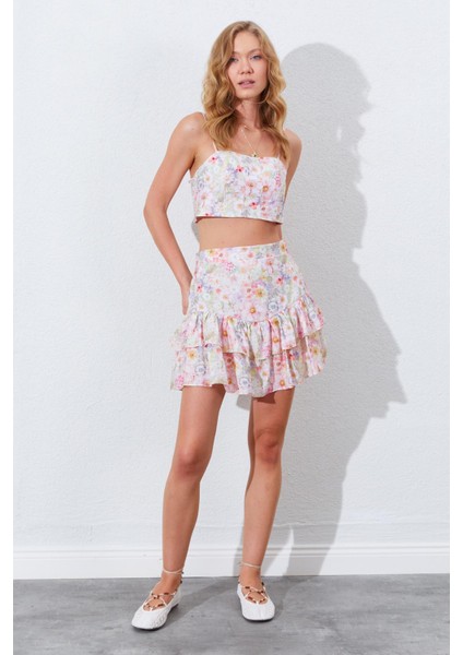 Kadın Pembe Çiçek Desenli Croplu-Etekli Takım
